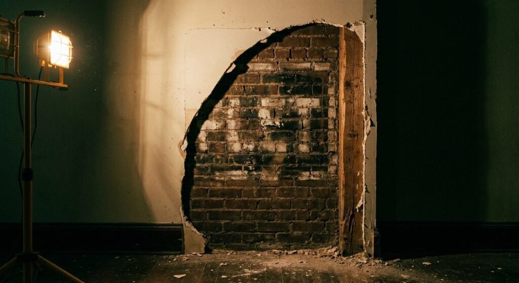 Drywall cut away to reveal the original 1920s brick wall, lit by a single work lamp