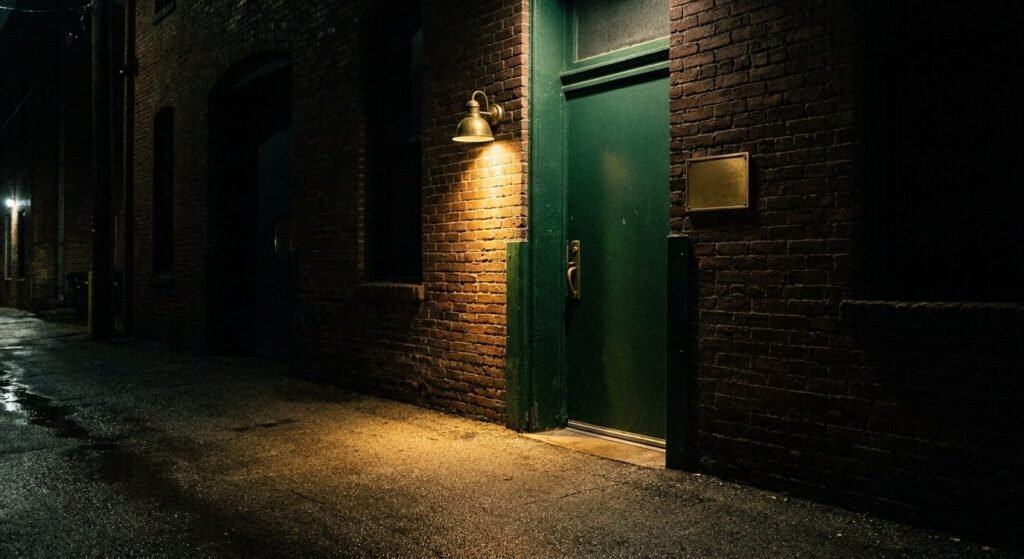 A deep green freight door with a blank brass plaque in a brick facade, lit by a single brass sconce at night