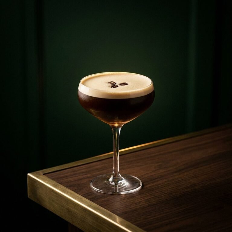An Espresso Martini with a thick crema foam and three coffee beans