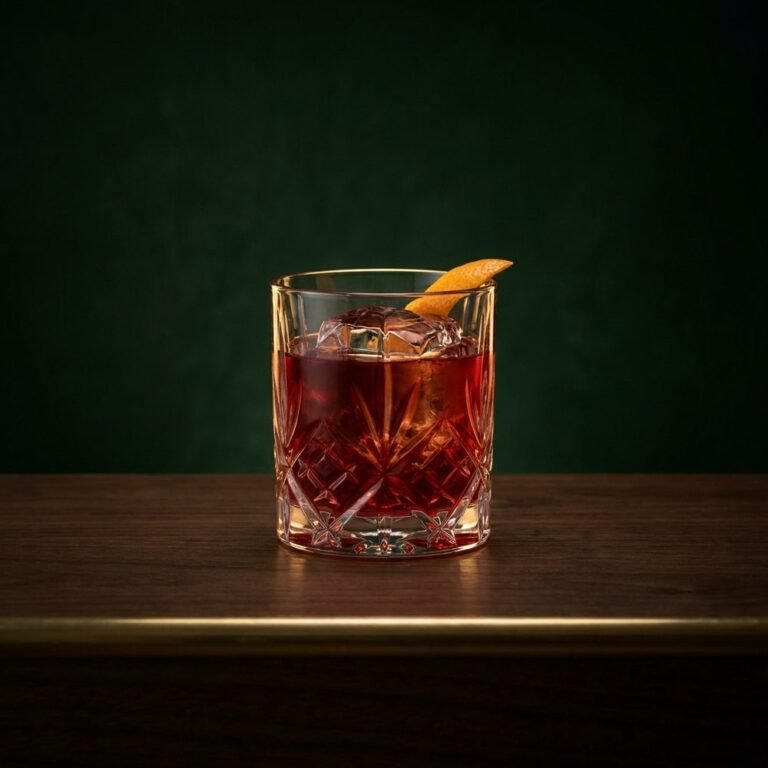 A ruby red Negroni over a large ice cube with a curl of orange peel