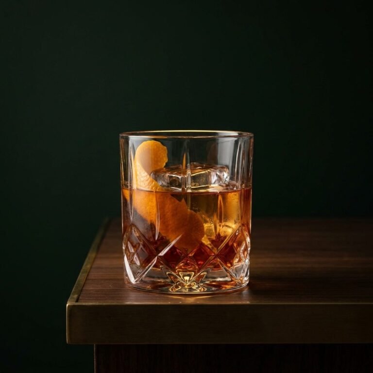 An Old Fashioned in a cut-crystal rocks glass with a wide strip of orange peel