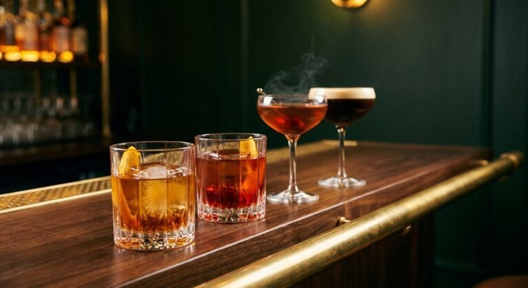 Four cocktails lined up along the brass bar rail ready to be served