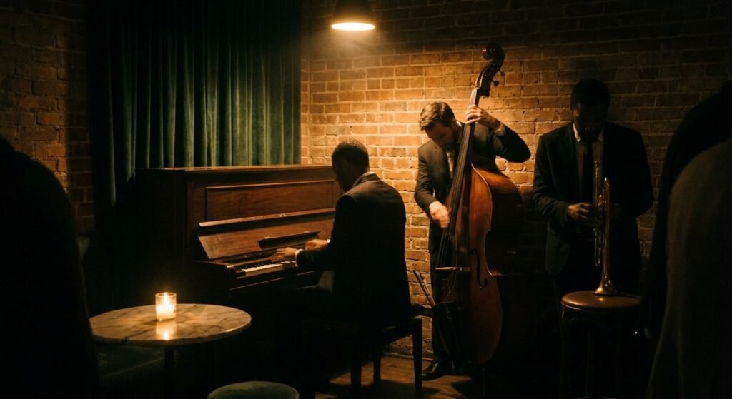 A jazz trio playing piano, double bass and trumpet in a dim corner of the bar