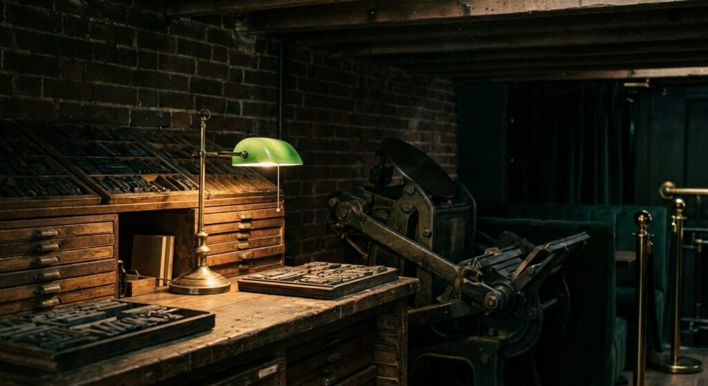 Antique letterpress and wooden type drawers lit by a single brass lamp against exposed brick